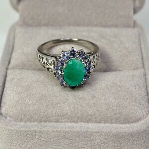 925 Sterling Silver Emerald & Tanzanite Ring, size 7